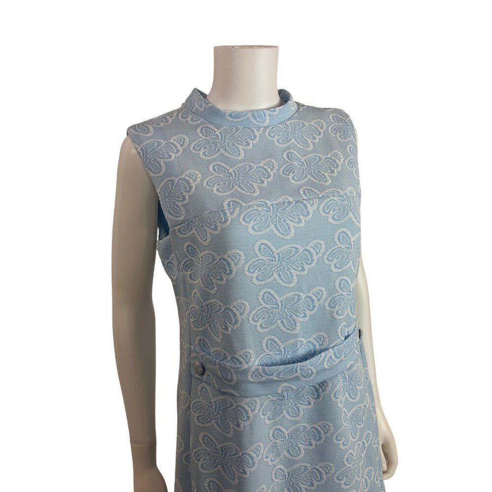 Vintage 60s Sheath Dress Womens Small Ice Blue Patterned Polyester Knee Length - Picture 6 of 11